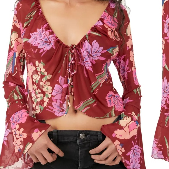 FREE PEOPLE OF PARADISE FLORAL RED PINK CROP TOP SMALL - Picture 8 of 12